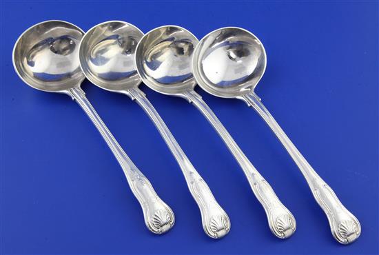 A set of four William IV double struck Kings pattern sauce ladles, 12 oz.